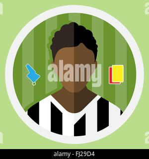 Soccer Referee flat circular icon on a green playground. Referee Tools Used in Soccer Game - Whistle and Yellow and Red Cards. Stock Vector