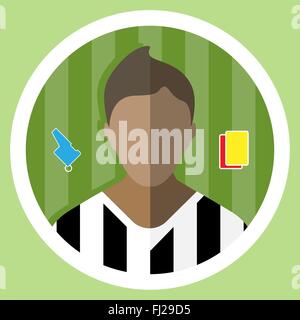 Soccer Referee flat circular icon on a green playground. Referee Tools Used in Soccer Game - Whistle and Yellow and Red Cards. Stock Vector