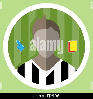 Soccer Referee flat circular icon on a green playground. Referee Tools Used in Soccer Game - Whistle and Yellow and Red Cards Stock Vector