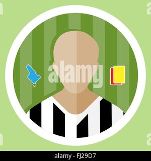 Soccer Referee flat circular icon on a green playground. Referee Tools Used in Soccer Game - Whistle and Yellow and Red Cards. Stock Vector