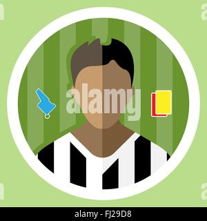 Soccer Referee flat circular icon on a green playground. Referee Tools Used in Soccer Game - Whistle and Yellow and Red Cards. Stock Vector