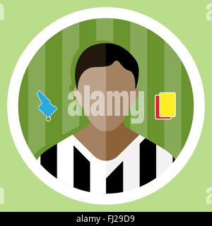 Soccer Referee flat circular icon on a green playground. Referee Tools Used in Soccer Game - Whistle and Yellow and Red Cards. Stock Vector