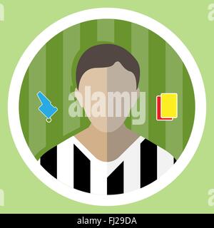Soccer Referee flat circular icon on a green playground. Referee Tools Used in Soccer Game - Whistle and Yellow and Red Cards. Stock Vector