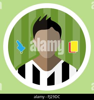 Soccer Referee flat circular icon on a green playground. Referee Tools Used in Soccer Game - Whistle and Yellow and Red Cards. Stock Vector