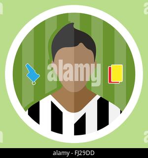 Soccer Referee flat circular icon on a green playground. Referee Tools Used in Soccer Game - Whistle and Yellow and Red Cards. Stock Vector