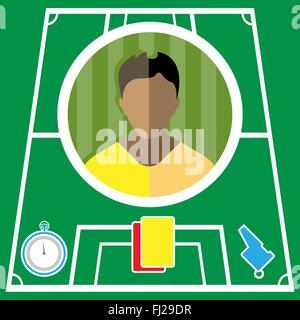 Soccer player flat circular icon on a green playground. Vector digital illustration. Stock Vector