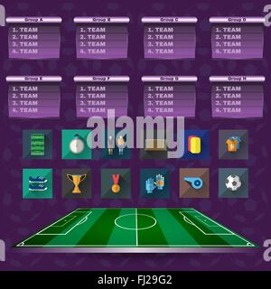 Soccer Scoreboard Champions Illustration. Soccer Match Table Statistics on Purple Backdrop. Green Football Playground. Stock Vector