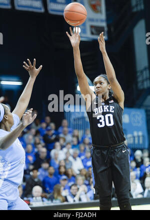 February 28, 2016 - Chapel Hill, North Carolina, USA - AMBER HENSON (30) of Duke scores a 2-point basket against JAMIE CHERRY, left, of North Carolina. The University of North Carolina Tar Heels hosted the Duke Blue Devils at the Carmichael Arena in Chapel Hill, N.C. (Credit Image: © Fabian Radulescu via ZUMA Wire) Stock Photo