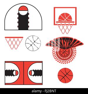 Basketball objects. Ball used for playing a basketball game. Basket for throwing balls. Sports symbols. Basketball Play Court De Stock Vector