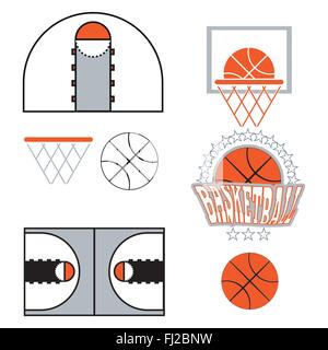 Basketball objects. Ball used for playing a basketball game. Basket for throwing balls. Sports symbols. Basketball Play Court De Stock Vector