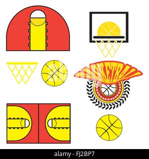 Basketball objects. Ball used for playing a basketball game. Basket for throwing balls. Sports symbols. Basketball Play Court De Stock Vector