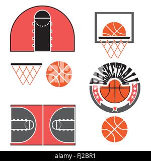 Basketball objects. Ball used for playing a basketball game. Basket for throwing balls. Sports symbols. Basketball Play Court De Stock Vector