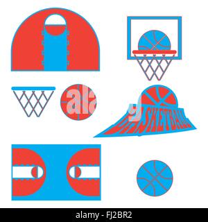 Basketball objects. Ball used for playing a basketball game. Basket for throwing balls. Sports symbols. Basketball Play Court De Stock Vector