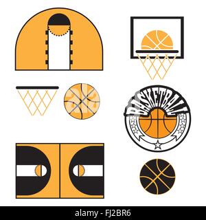 Basketball objects. Ball used for playing a basketball game. Basket for throwing balls. Sports symbols. Basketball Play Court De Stock Vector