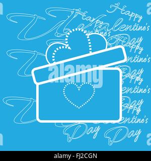 Happy Valentine's Day Greeting Card. Big Gift Box with Bow and Heart Shaped Stitches. White Congratulation Text Silhouette on Bl Stock Vector