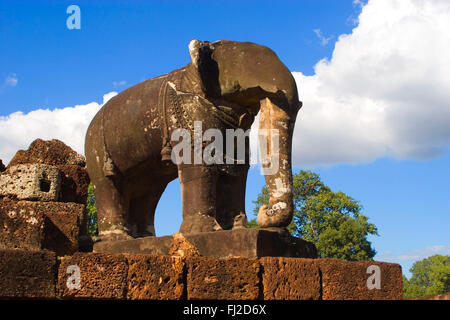 Sandstone elephant on the second level at East Mebon, built by Rajendravarman in the10th century - Angkor Wat, Siem Reap, Cambod Stock Photo