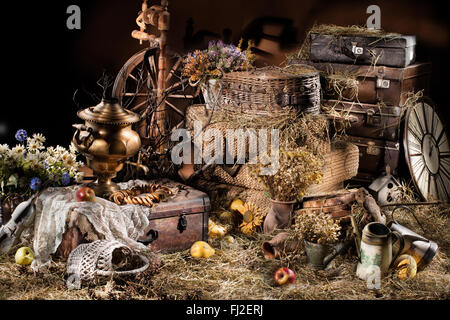 still life wheel spinning water boiler old retro vintage suitcase trunk group close up studio flowers clock fruits food product