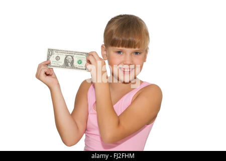 Smiling little girl with money in hands  isolated Stock Photo