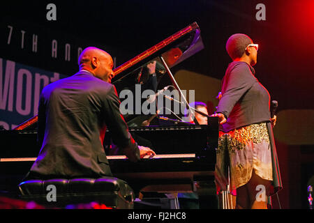 AARON DIEHL plays piano for CELIA MCLORIN preforming on the main stage at the 2014 MONTEREY JAZZ FESTIVAL Stock Photo