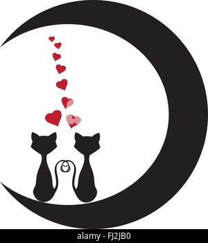 vector illustration of cats sitting on the moon and red hearts Stock Vector