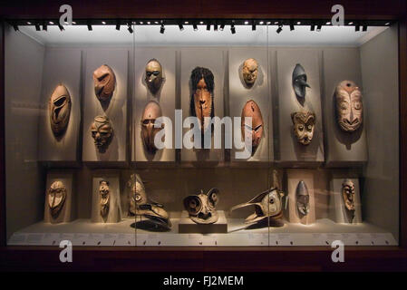 AFRICAN MASK COLLECTION in the new DE YOUNG Museum, built by architects Herzog and de Meuron - SAN FRANCISCO, CALIFORNIA Stock Photo
