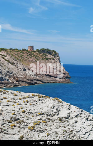 Mediterranean Sea, Mallorca, Balearic Islands, Spain: panoramic view of Torre des Matzoc, the old watchtower on Morro d’Albarca, on the northern coast Stock Photo