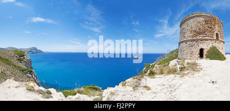 Mediterranean Sea, Mallorca, Balearic Islands, Spain: panoramic view of Torre des Matzoc, the old watchtower on Morro d’Albarca, on the northern coast Stock Photo