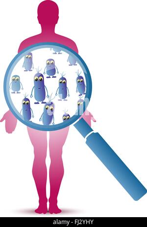 Abstract funny intestinal colon bacillus under the magnifying glass over the man silhouette. Vector illustration Stock Vector