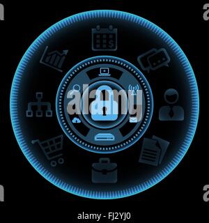 Blue touch screen interface with icons related to the information technology protection and safety on black background. Vector i Stock Vector