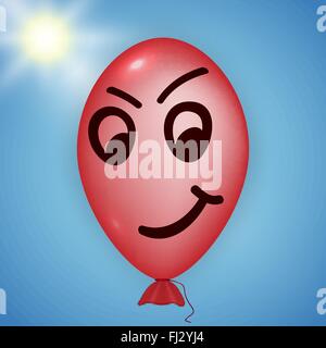 Illustration of the red balloon looking evil over a blue sky and sun background Stock Vector