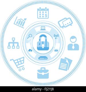 Blue touch screen interface with icons related to the information technology protection and safety on white background. Vector i Stock Vector