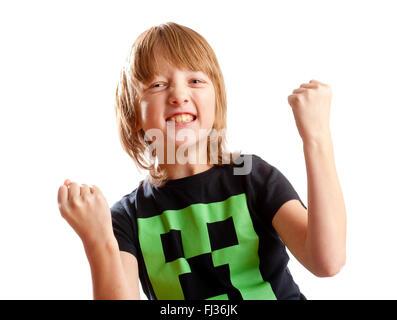 Boy Cheering with his Arms up - Isolated on White Stock Photo