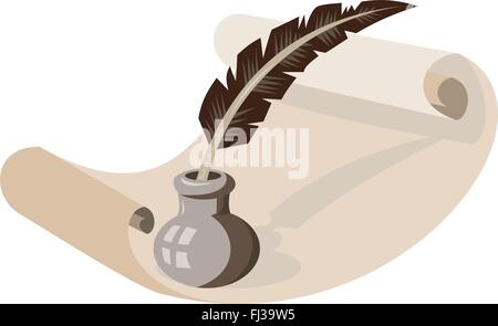 vector illustration of a quill pen and ink well paper scroll done in art deco retro style on isolated white background. Stock Vector