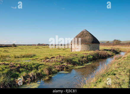 A round thatched hut known as a Linhay on Braunton Marshes near Barnstaple in Devon Stock Photo