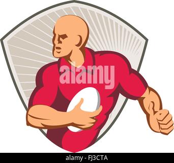 vector illustration of a rugby player running with ball set inside shield done in retro style. Stock Vector