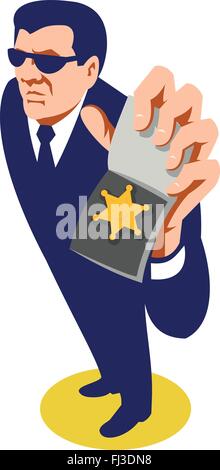 vector illustration of a secret agent detective police officer policeman showing id badge done in art deco retro style viewed from high angle. Stock Vector