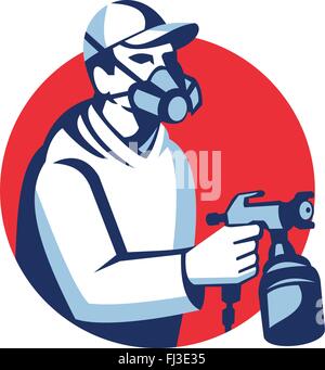 Illustration of a spray painter spraying spray gun viewed from side set inside circle done in retro style. Stock Vector