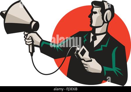 vector illustration of technician engineer pointing a sonar radar ultrasound sonic equipment set inside circle done in retro style. Stock Vector