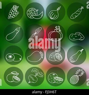 Thin line icons of different fruits and vegetables on mesh background Stock Vector