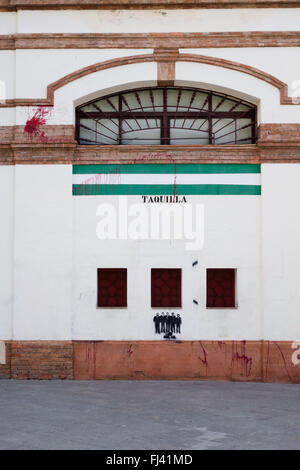 Ticket sale office at the bullring of Malaga Plaza de Toros, La Malagueta, smudged with red paint, Andalusia, Spain. Stock Photo