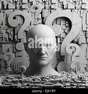 Thinking man statue with question mark on gray background to illustrate learning, education, testing, quizzing, creativity and i Stock Photo