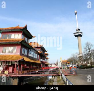 185m high Euromast  observation tower, Rotterdam, Netherlands. On left Amazing oriental Hotel & restaurant,  Rotterdam Parkhaven Stock Photo