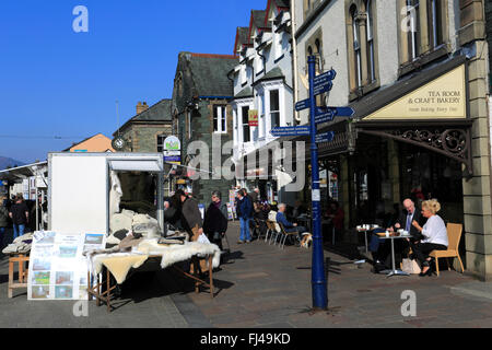 People along the main street of Keswick town, Lake District National Park, Cumbria County, England, UK Stock Photo