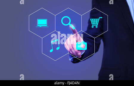 business, technology and internet concept - businessman pressing Search button on virtual screens Stock Photo