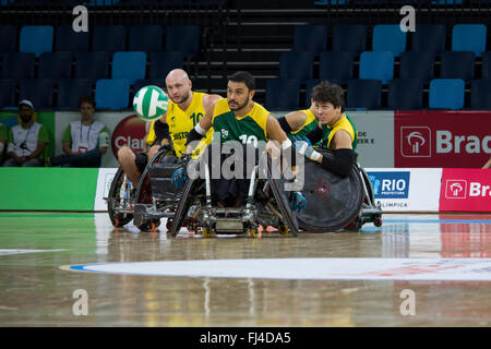 Rio de Janeiro, RJ, Brazil, 28 February 2016: Test event for the Paralympic Games Rio 2016 in Rio de Janeiro received this weekend (26-28 Feb) the International Wheelchair Rugby Championship which brought together the selections: Canada (1 ranking), Australia (current Olympic champion), Great Britain (European champions) and Brazil. Images of the match between Brazil and Australia which had the participation of Chris Bond and Ryley Batt (Australia) and Alexandre Taniguchi, Bruno Damasceno (Brazil) Credit:  Luiz Souza/Alamy Live News Stock Photo