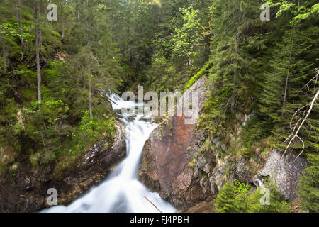 Long exposure of water flowing down a stream in a forest among rocks inside Tatra National Park - Lesser, Poland Stock Photo