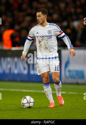 Chelsea’s Eden Hazard seen during the UEFA Champions League round of 16 match between Paris Saint-Germain and Chelsea at the Parc des Princes Stadium in Paris. February 16, 2016. James Boardman / Telephoto Images +44 7967 642437 Stock Photo