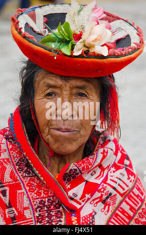 old female Peruvian in traditional clothing and headgear, portrait, Peru, Pisaq Stock Photo