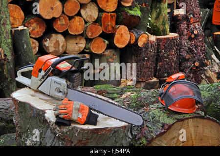 motor saw and helmet on logs, Germany Stock Photo