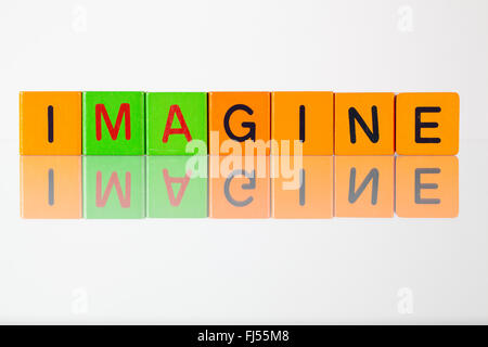 Imagine - an inscription from children's wooden blocks Stock Photo